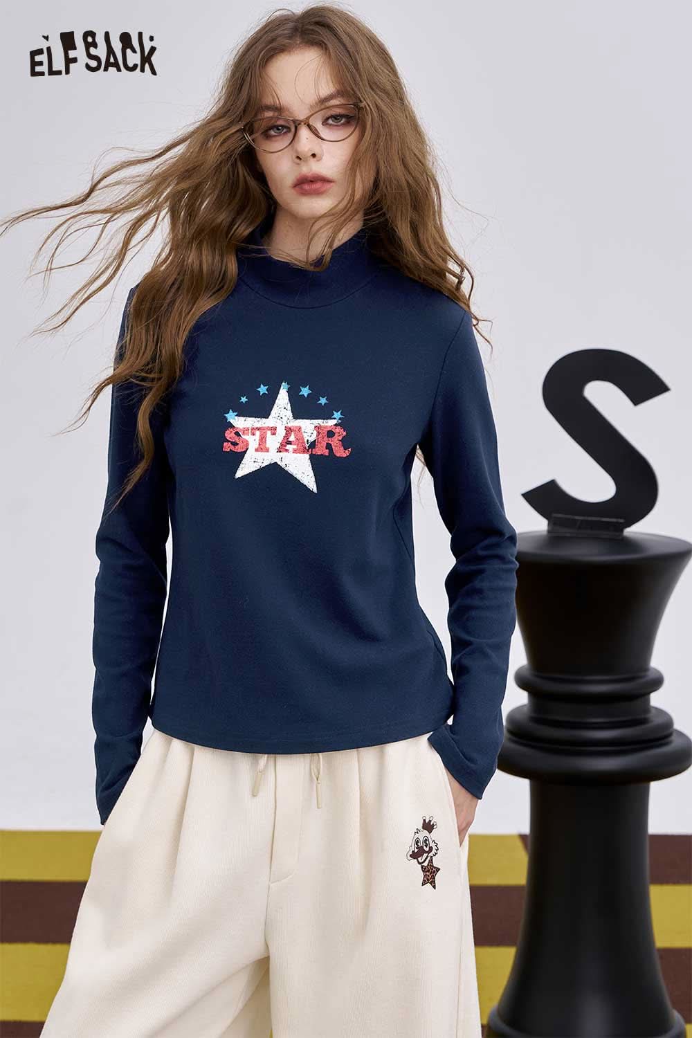 ELFSACK women's graphic long sleeve t-shirt in navy featuring a star design for casual wear