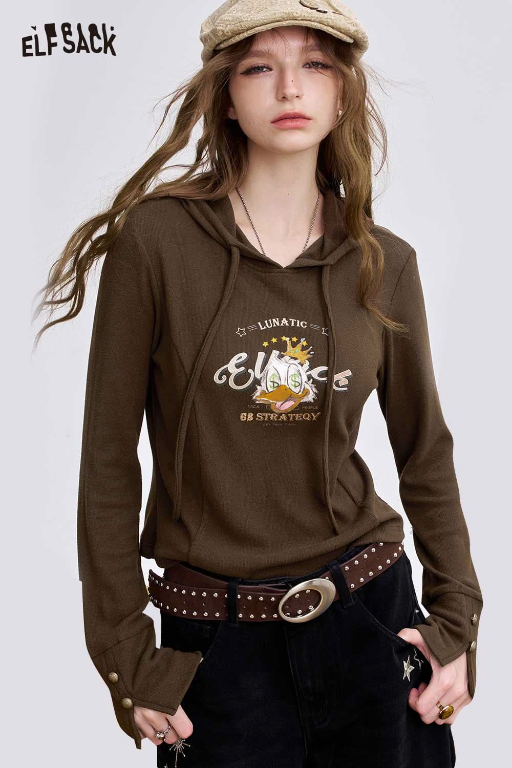 ELFSACK women's graphic long sleeve tshirt in brown with a playful design and hoodie feature