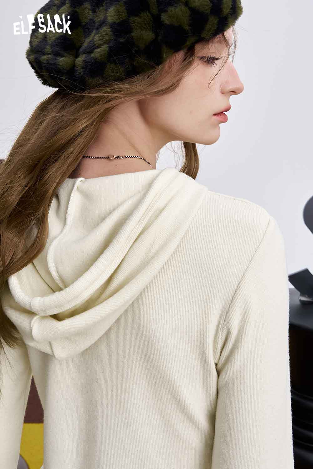 ELFSACK women's graphic long sleeve tshirt with a hood in cream color, perfect for casual outfits