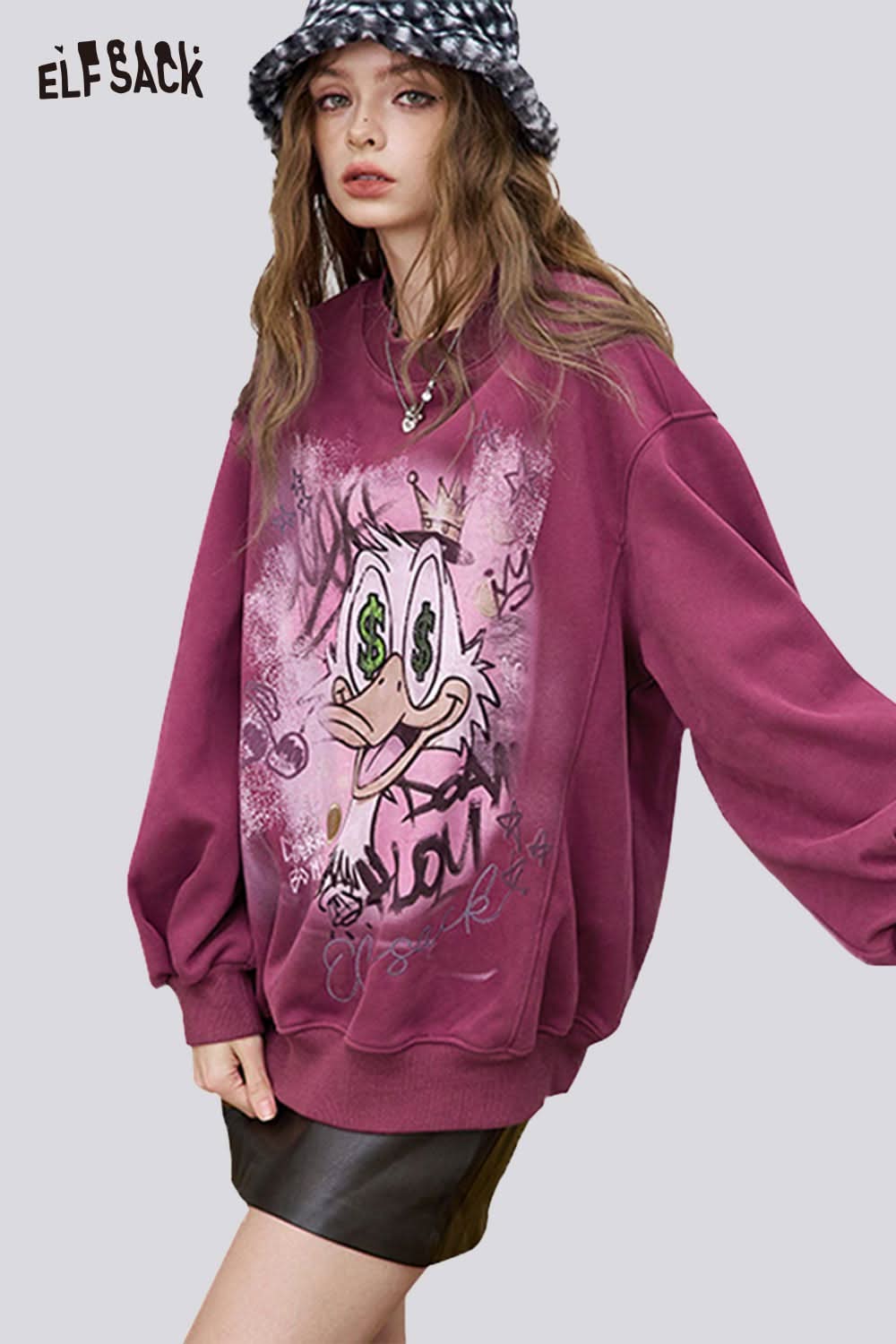 ELFSACK women's graphic long sleeve tshirt in burgundy featuring playful cartoon design and oversized fit