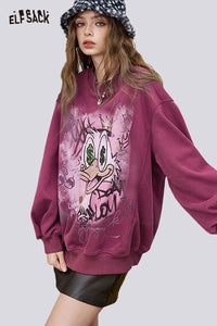 ELFSACK women's graphic long sleeve tshirt in burgundy featuring playful cartoon design and oversized fit