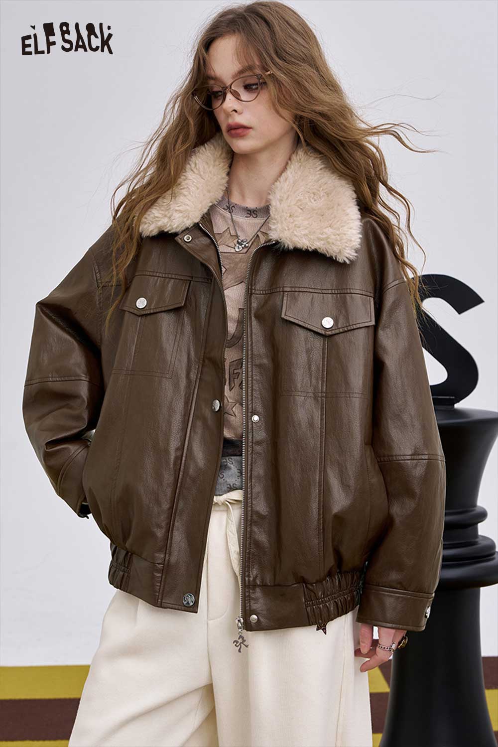 ELFSACK women's graphic plush leather jacket with faux fur collar in brown for stylish warmth