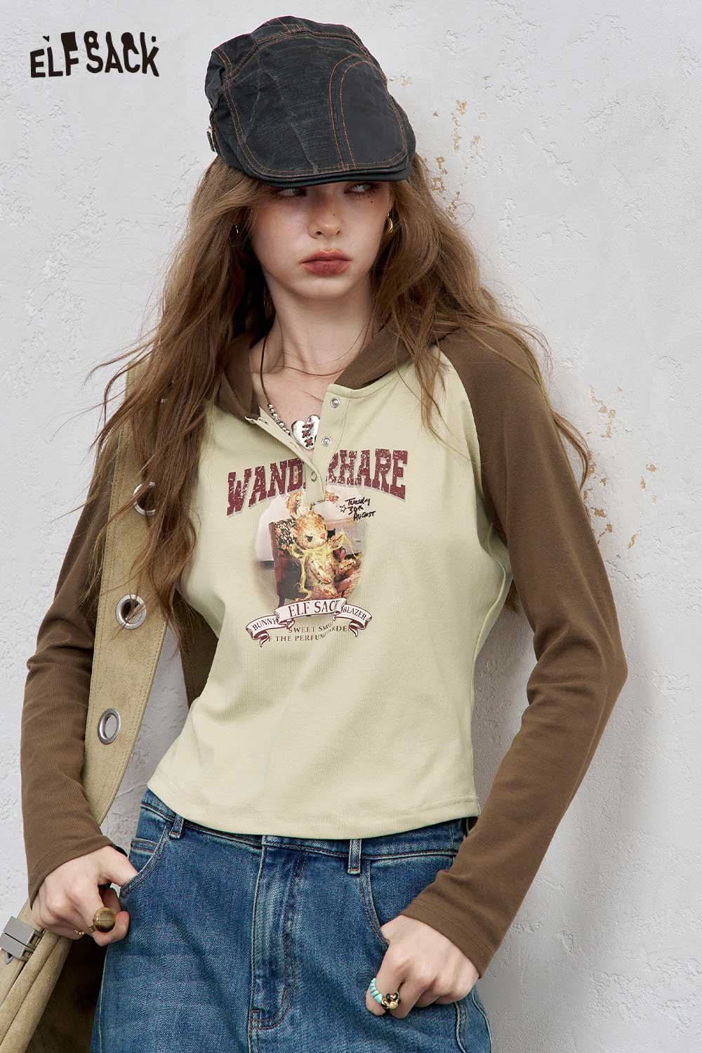 ELFSACK women's graphic print hoodie with whimsical design and contrasting sleeves for casual style