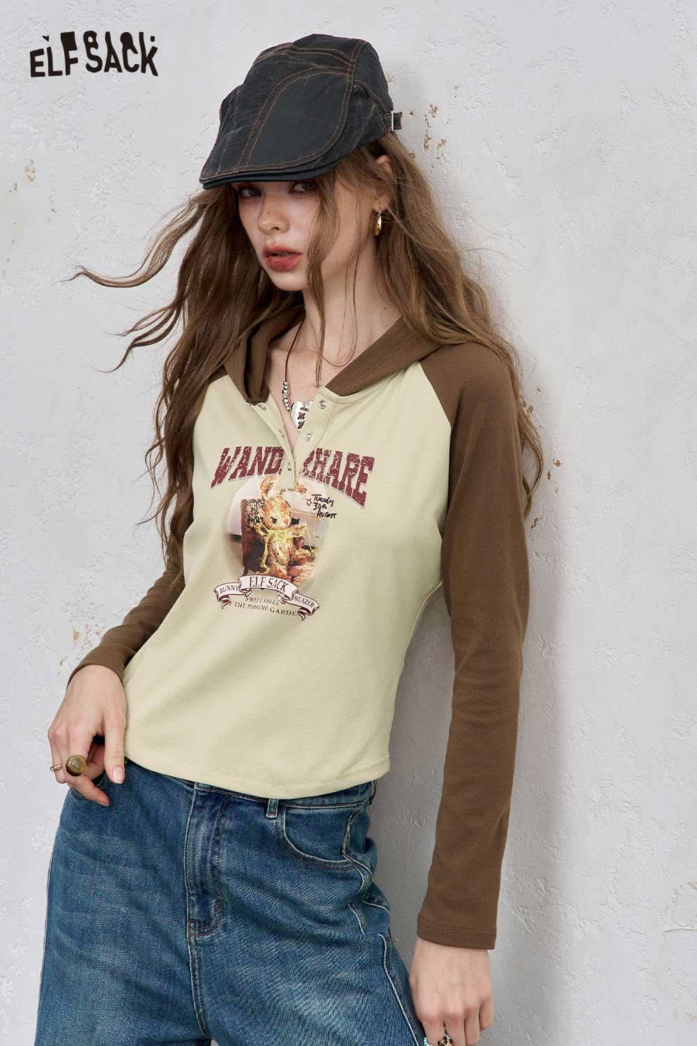 ELFSACK women's graphic print hoodie in cream and brown with stylish design for casual wear
