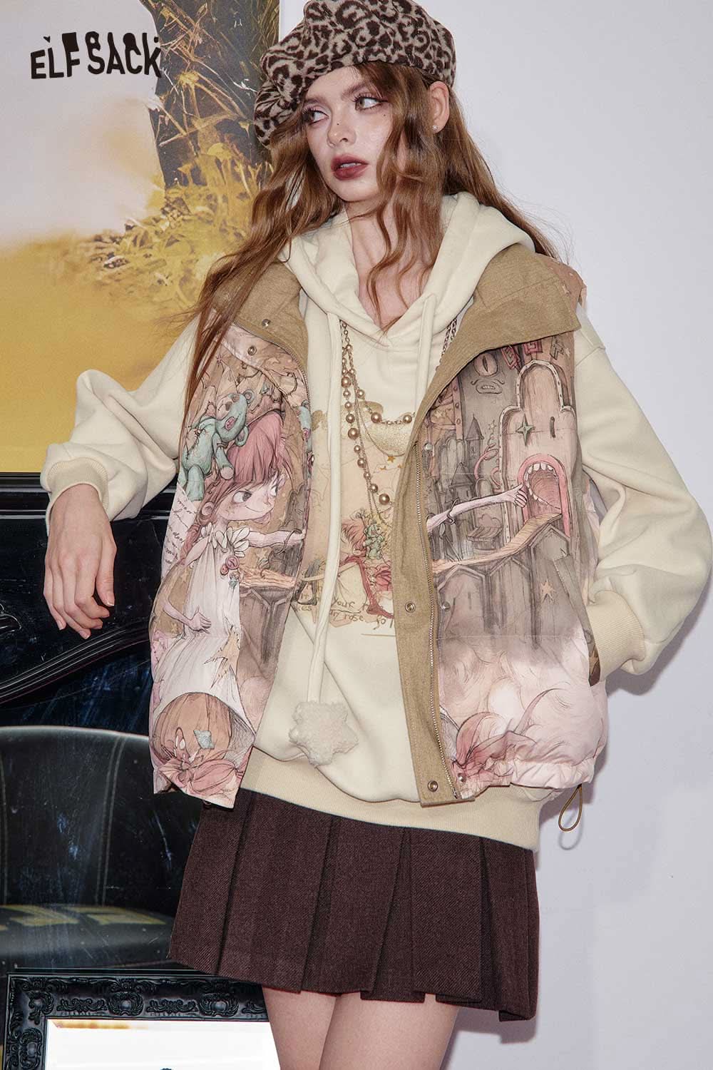 ELFSACK women's graphic print hoodie layered under a stylish vest, perfect for a trendy look