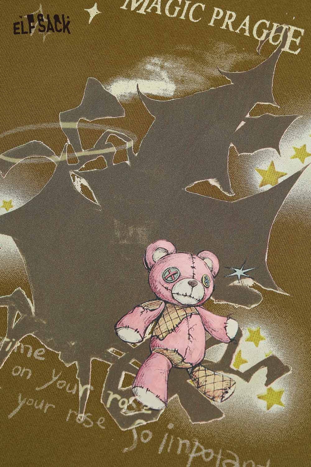Brown ELFSACK women's graphic print hoodie featuring a cute teddy bear and unique design elements