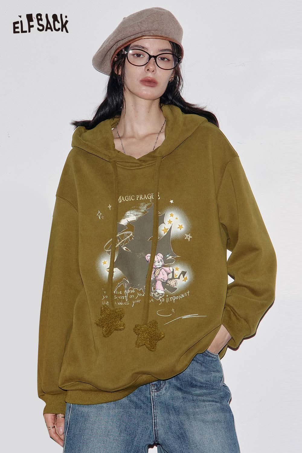 ELFSACK women's graphic print hoodie in olive green with star graphics and cozy fit