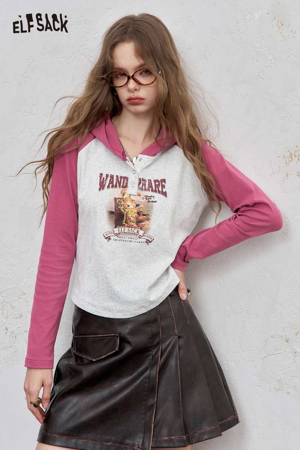 ELFSACK women's graphic print hoodie in pink and white featuring a fun animal design