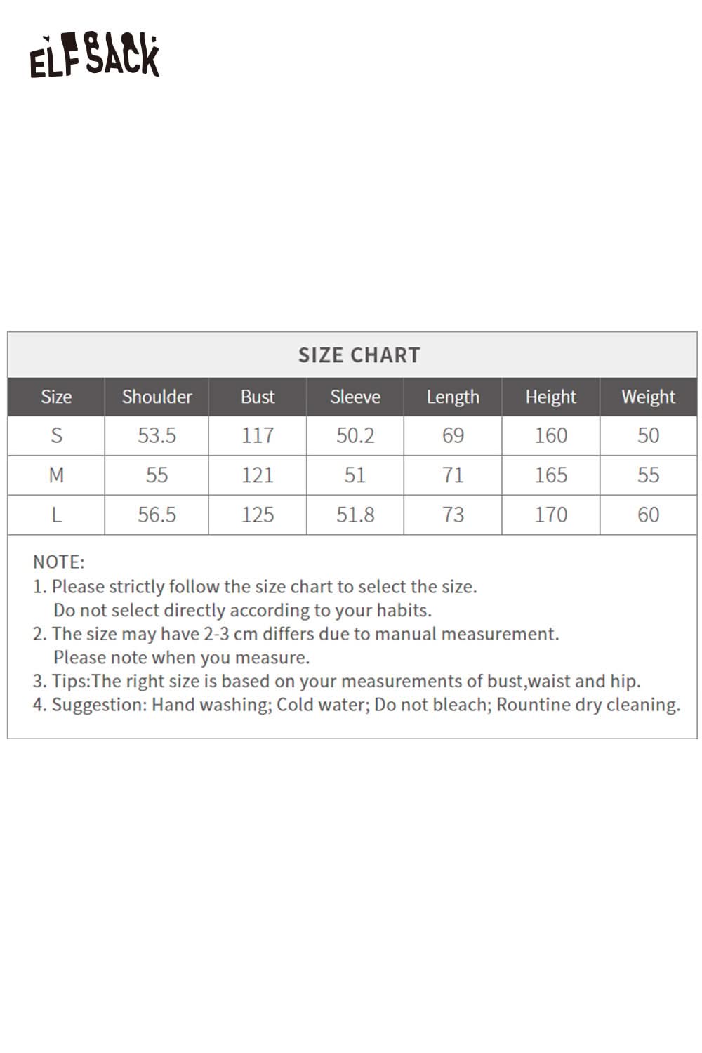 Size chart for ELFSACK women's graphic print hoodie showing measurements for S, M, and L sizes