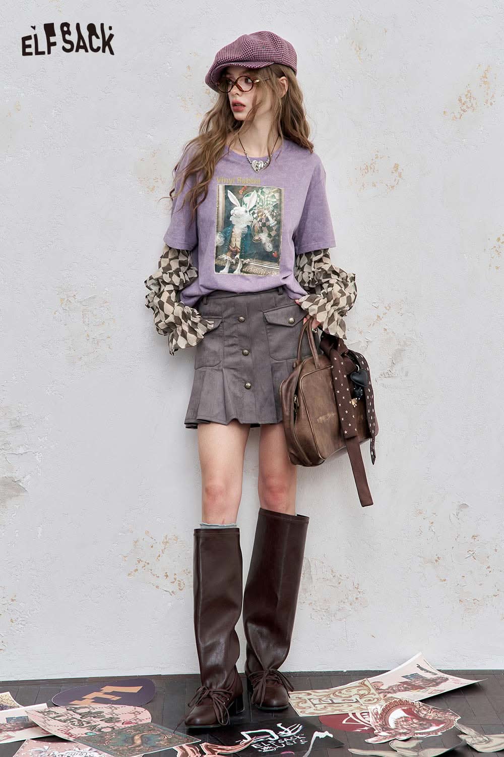 ELFSACK women's graphic print layered tee in lavender with artistic design for stylish outfits