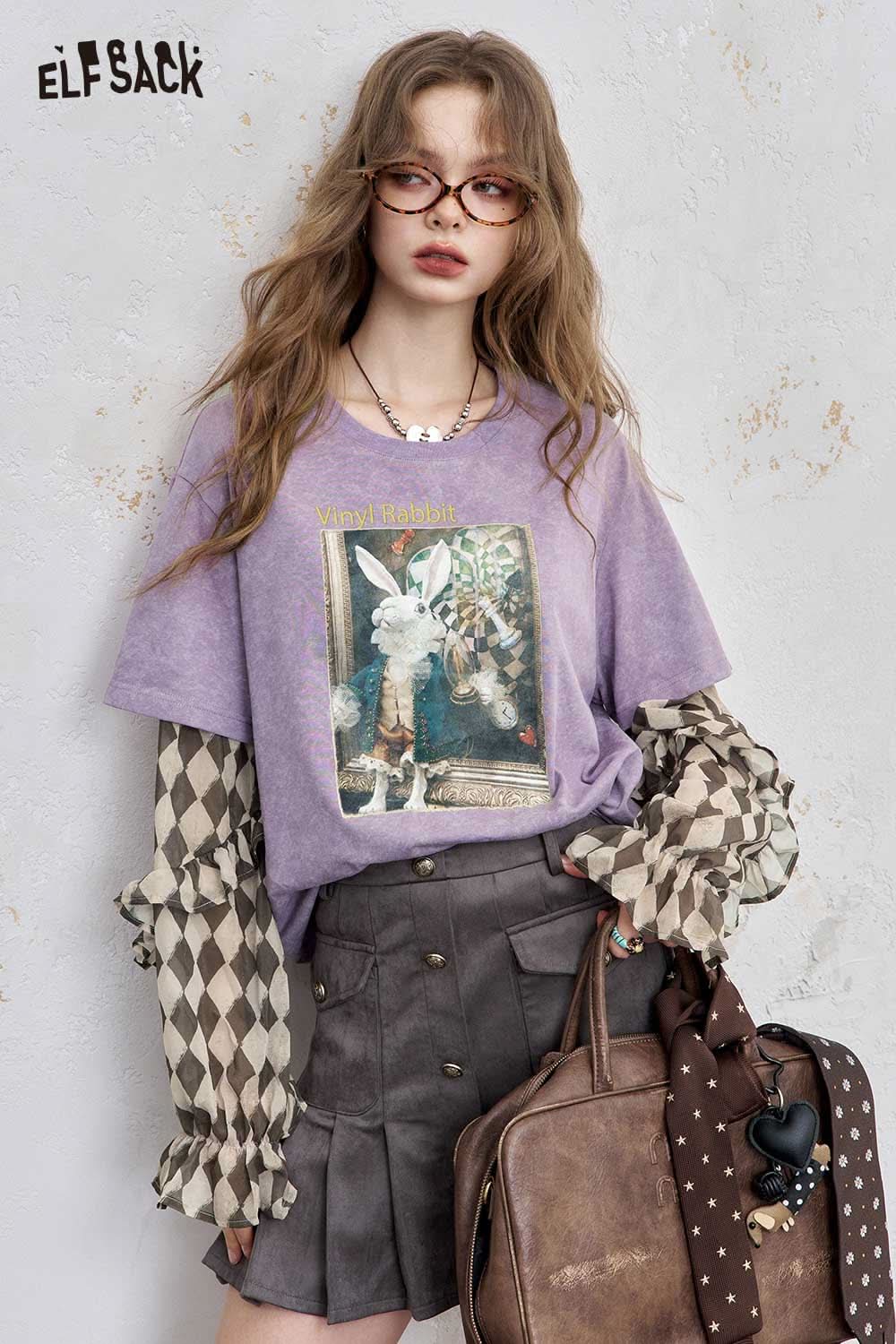 ELFSACK women's graphic print layered tee in purple with unique layered sleeve design