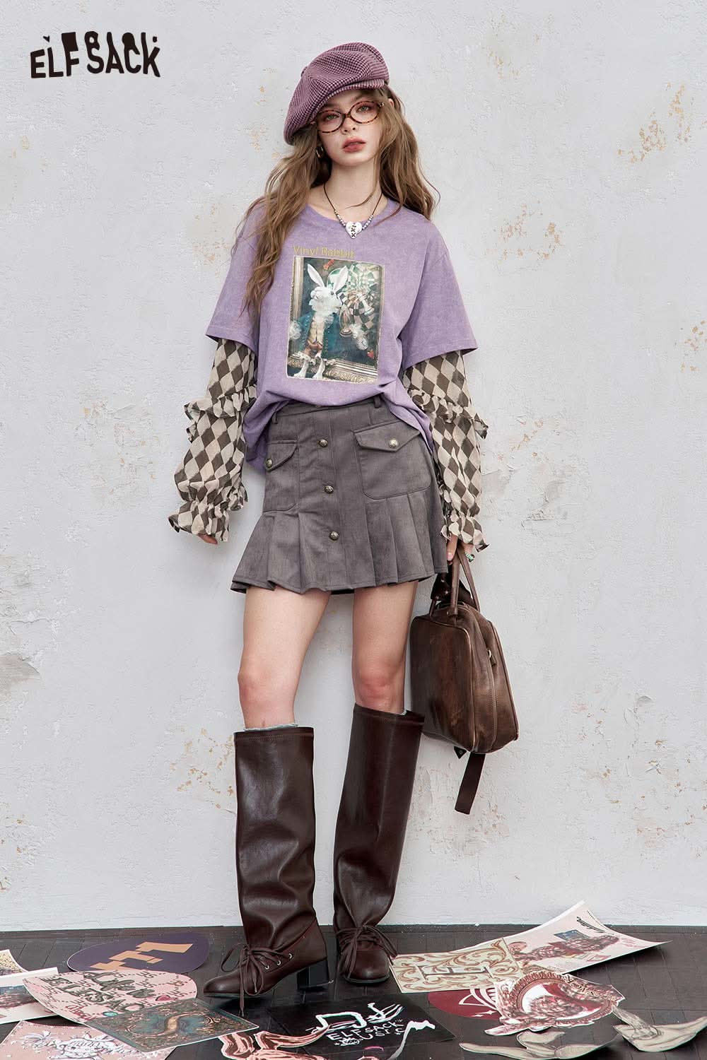 ELFSACK women's graphic print layered tee styled with a plaid shirt and a chic skirt