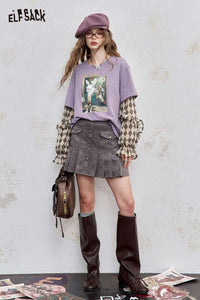 ELFSACK women's graphic print layered tee in lavender with layered plaid sleeves for a trendy look