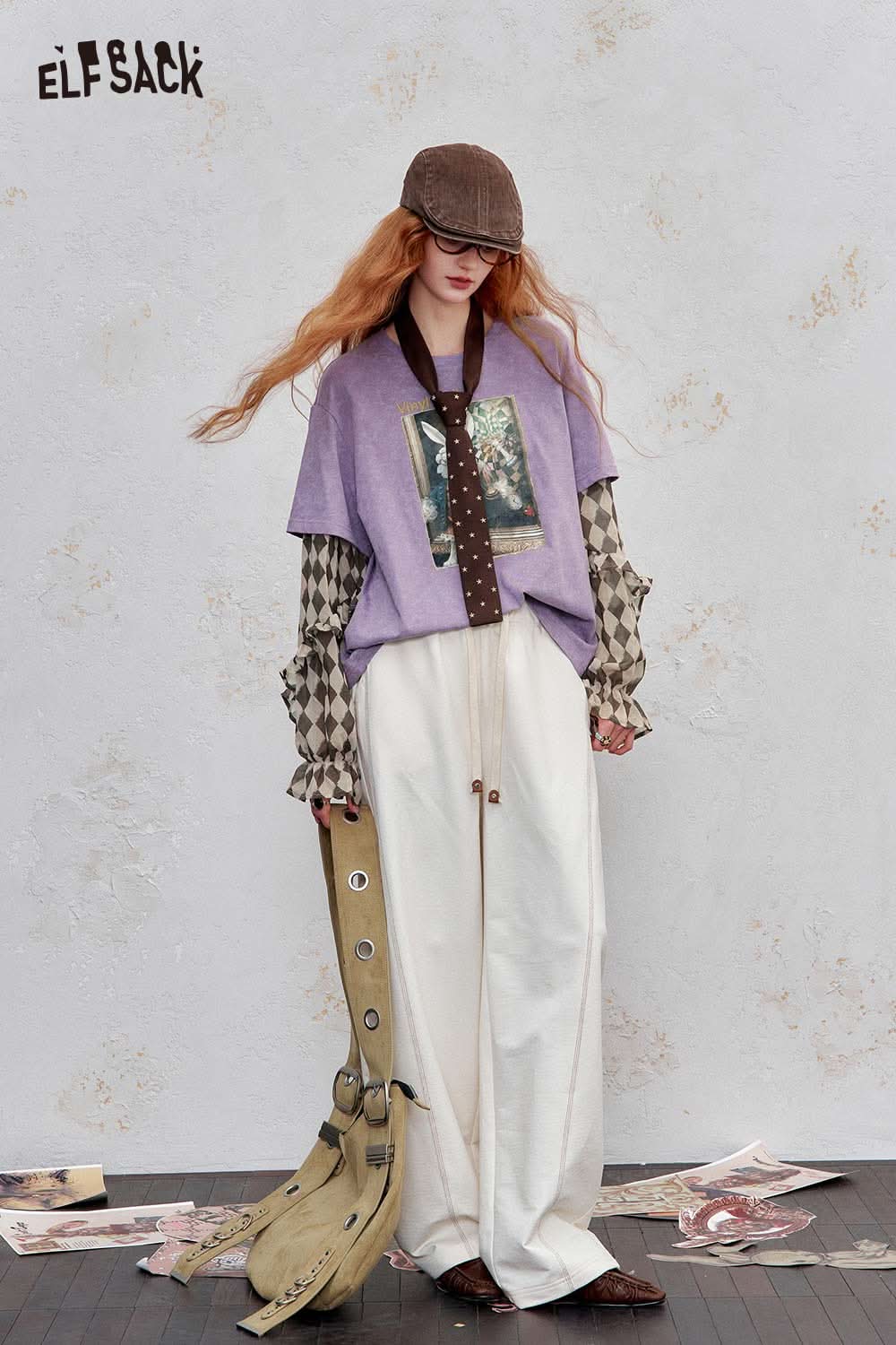 ELFSACK women's graphic print layered tee in purple with unique design details and stylish layered look