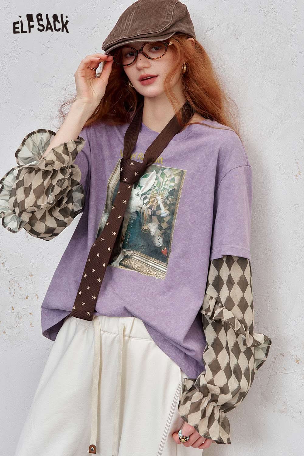 ELFSACK women's graphic print layered tee in purple with patterned sleeves and a stylish neckline
