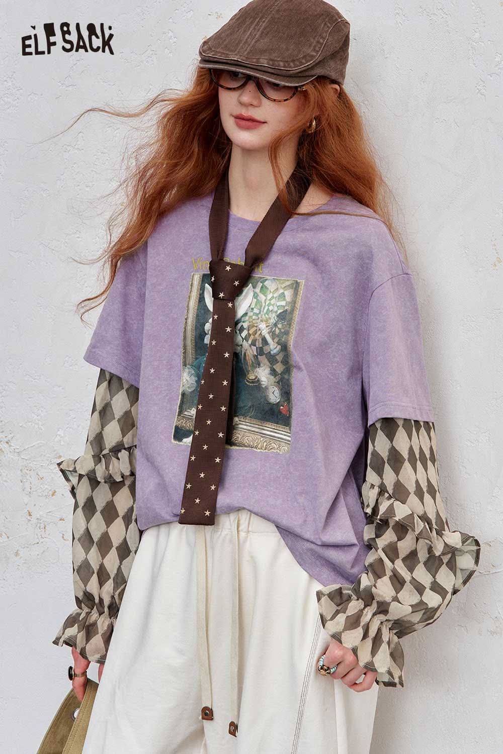 ELFSACK women's graphic print layered tee in purple with checkered sleeves and stylish accessories