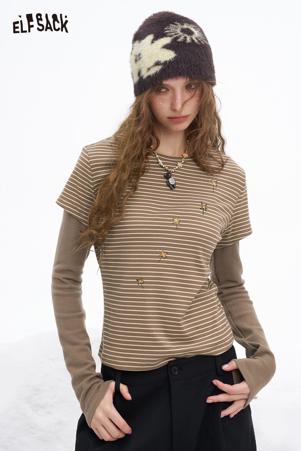 ELFSACK women's graphic stripe long sleeve shirt in beige with stylish pattern and layered sleeves