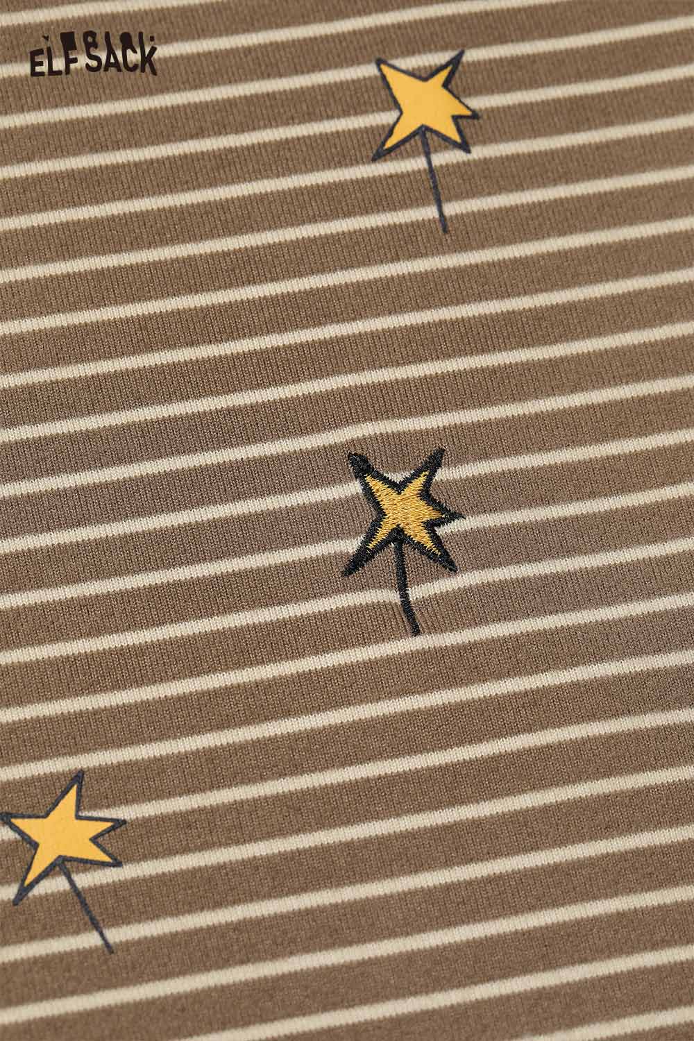 ELFSACK women's graphic stripe long sleeve shirt featuring star patterns on a brown striped background