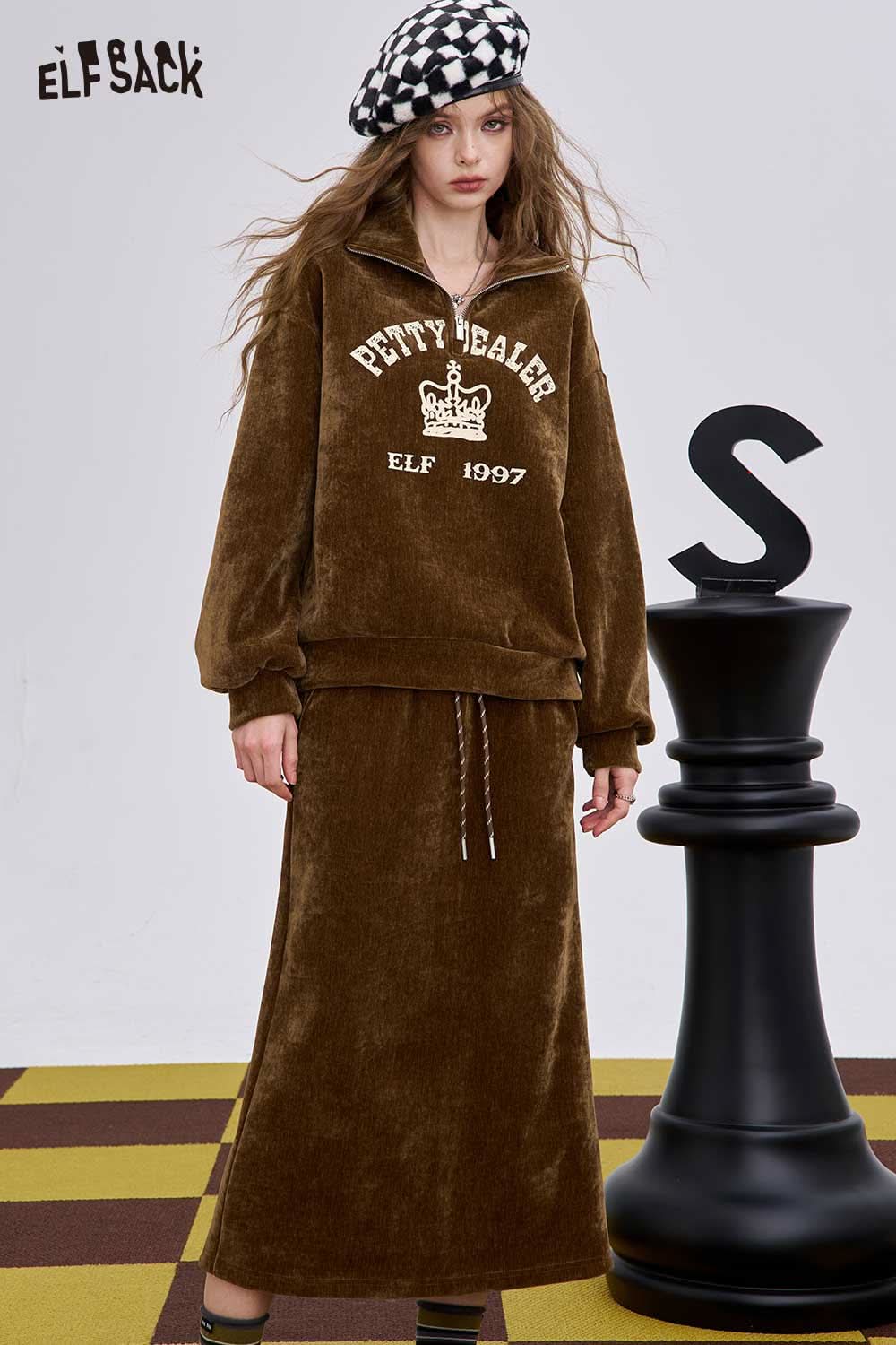ELFSACK women's graphic sweatshirt and skirt set in brown velvet with a stylish crown design