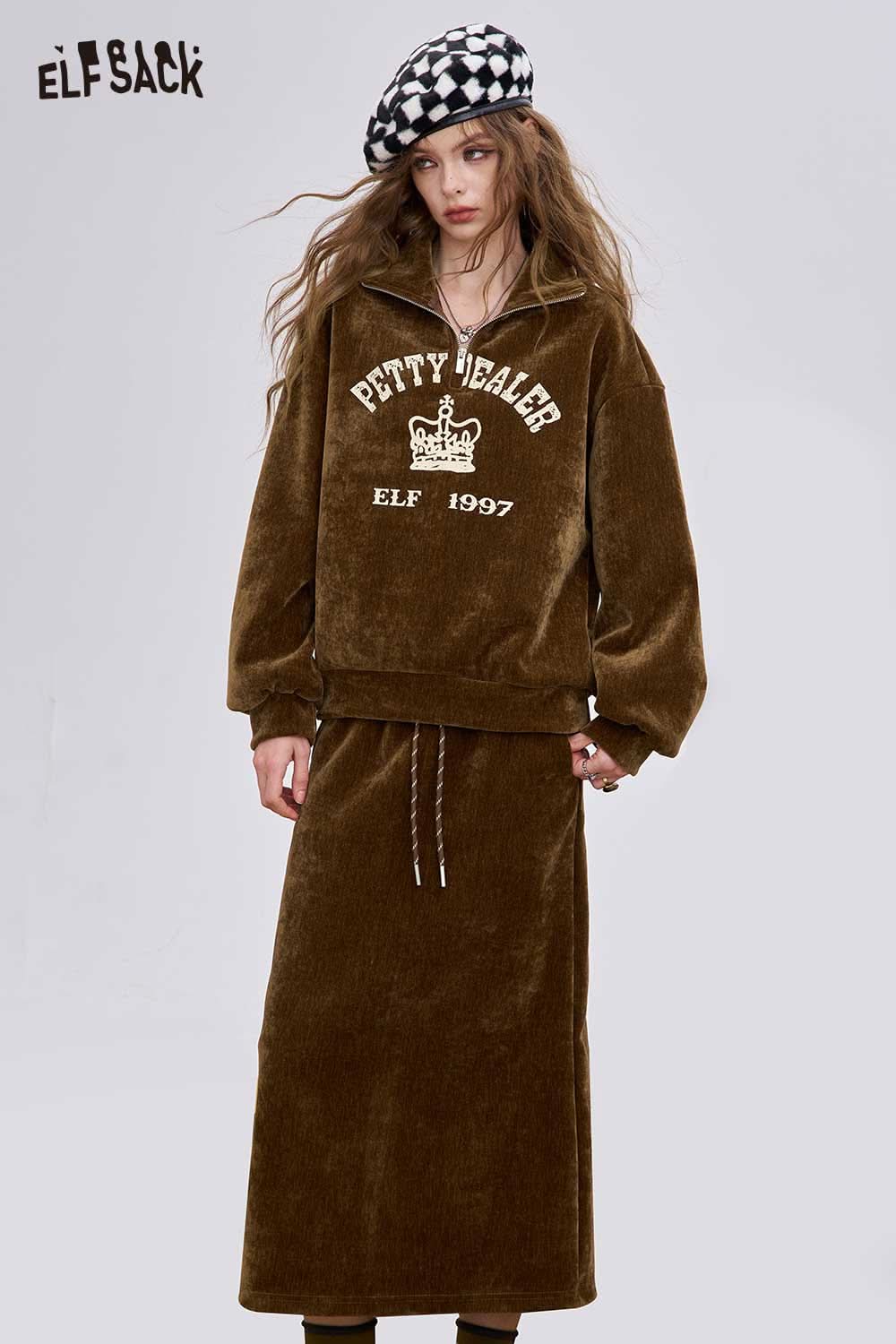 ELFSACK women's graphic sweatshirt and skirt set in brown velvet with a stylish logo design