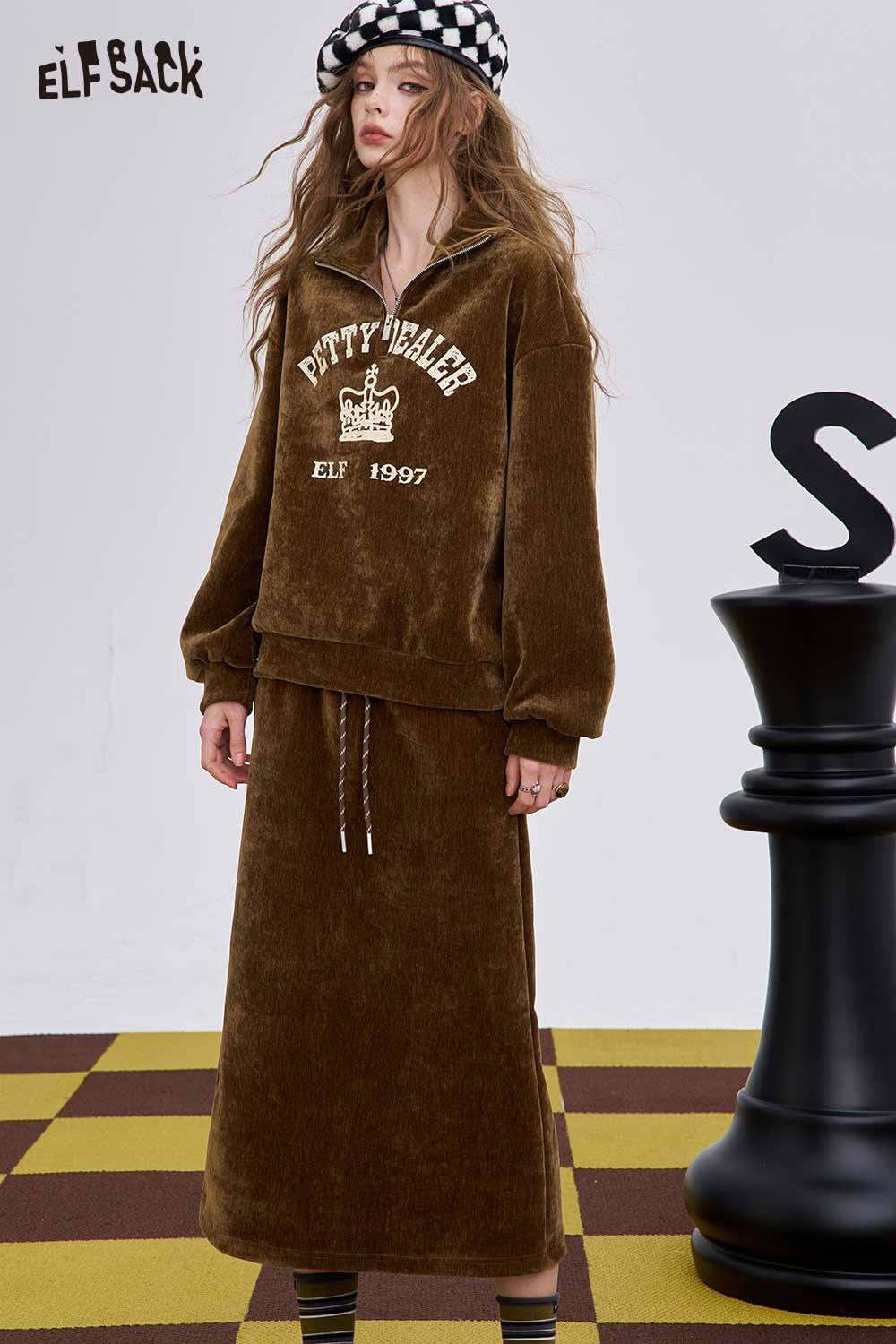 ELFSACK women's graphic sweatshirt and skirt set in brown with logo print and drawstring details