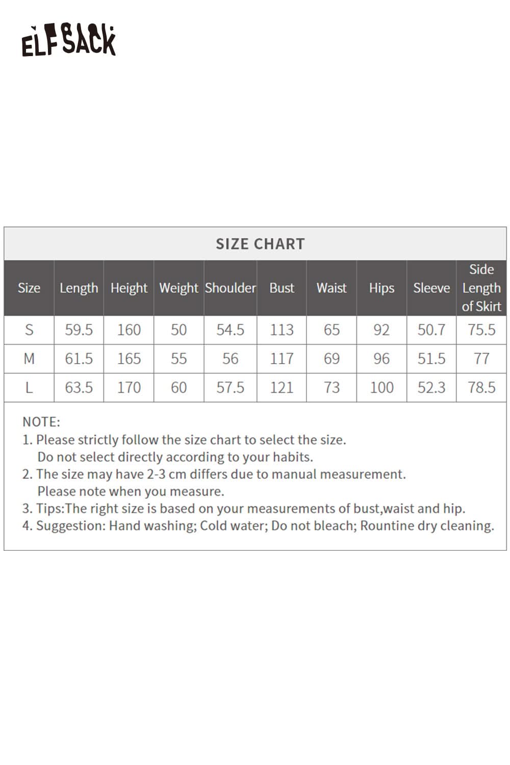 Size chart for ELFSACK women's graphic sweatshirt and skirt set with measurements for small, medium, and large sizes