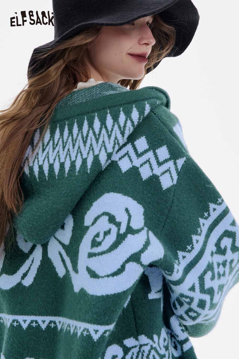 ELFSACK women's graphic zip up hoodie in green with unique floral design and cozy fit