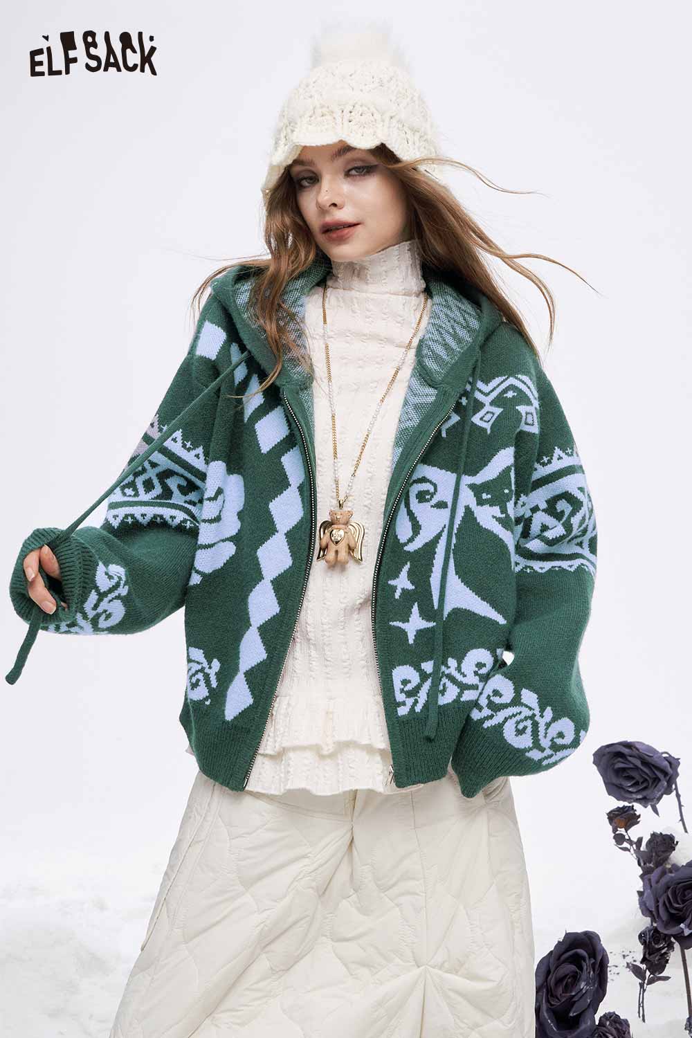 ELFSACK women's graphic zip up hoodie in green featuring unique designs for a stylish look