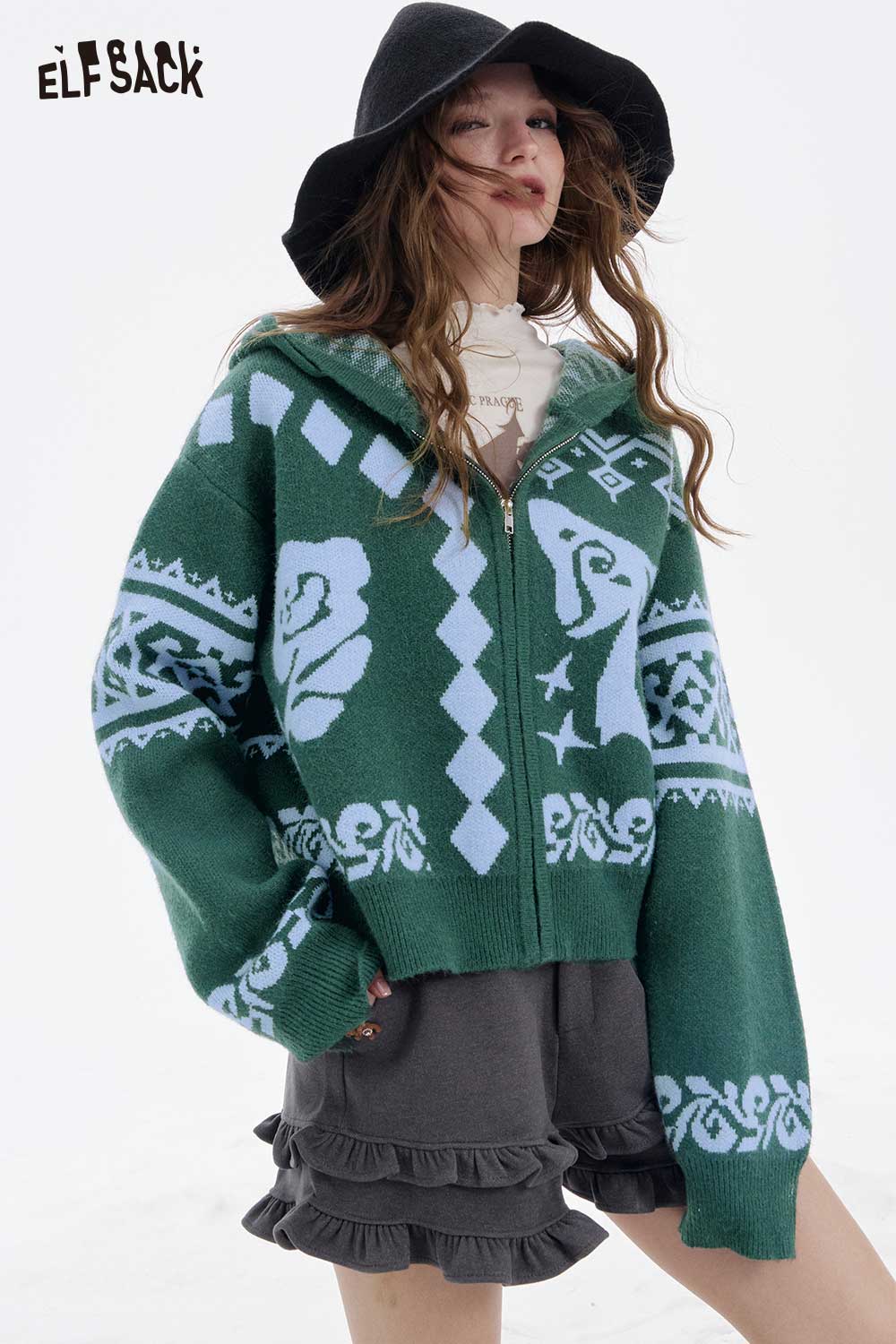 Women's graphic zip up hoodie by ELFSACK in green with unique designs and oversized fit for a stylish look