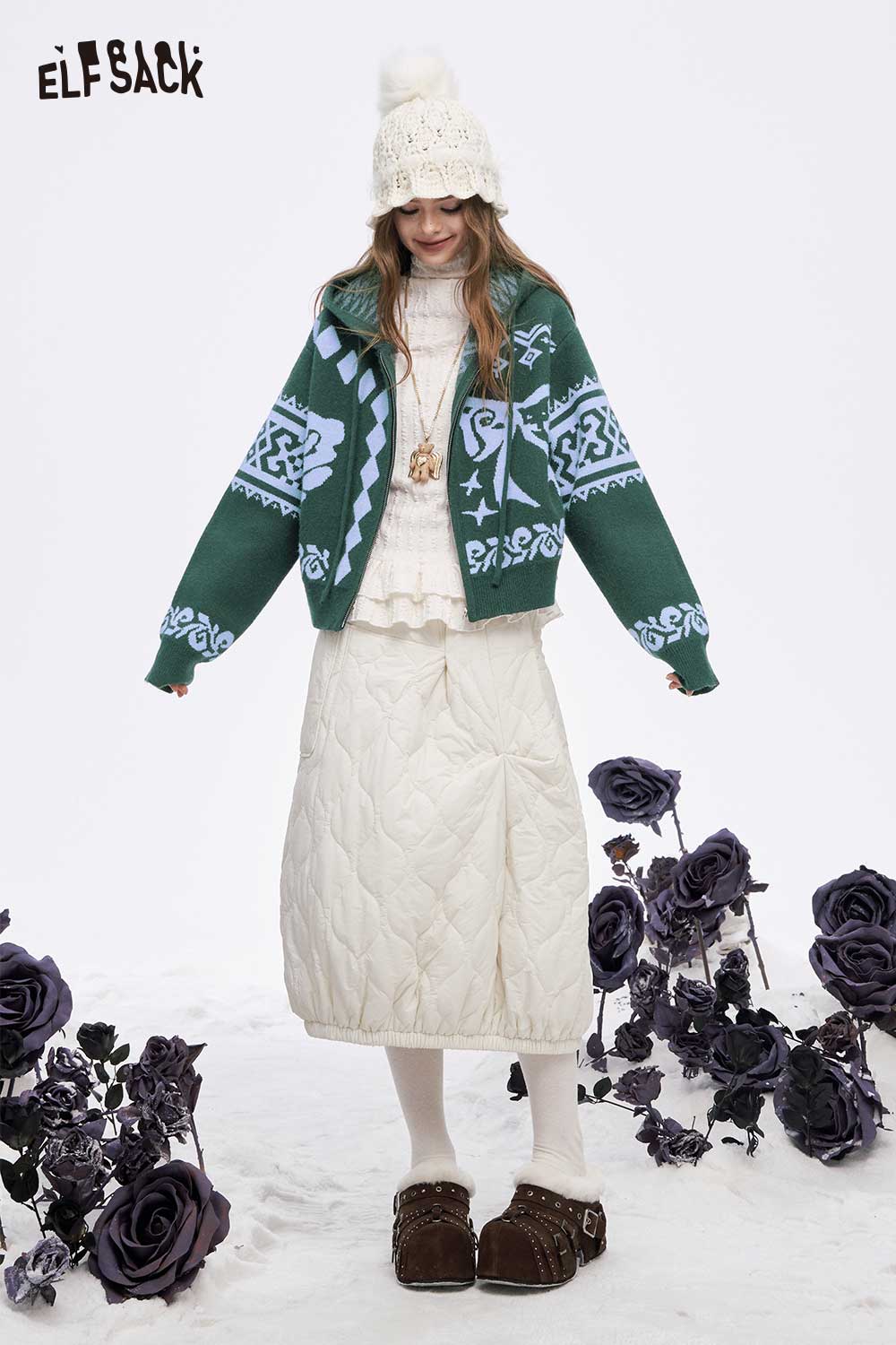 ELFSACK women's graphic zip up hoodie in green with intricate designs and cozy style for casual wear