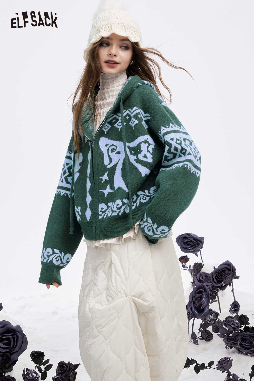 ELFSACK women's graphic zip up hoodie in green with unique animal designs for a cozy look