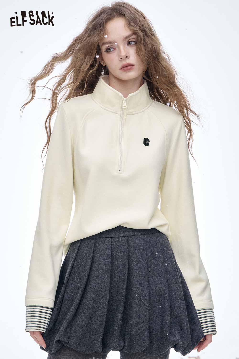 ELFSACK women's half zip high neck tshirt in light yellow, featuring a stylish design with long sleeves.