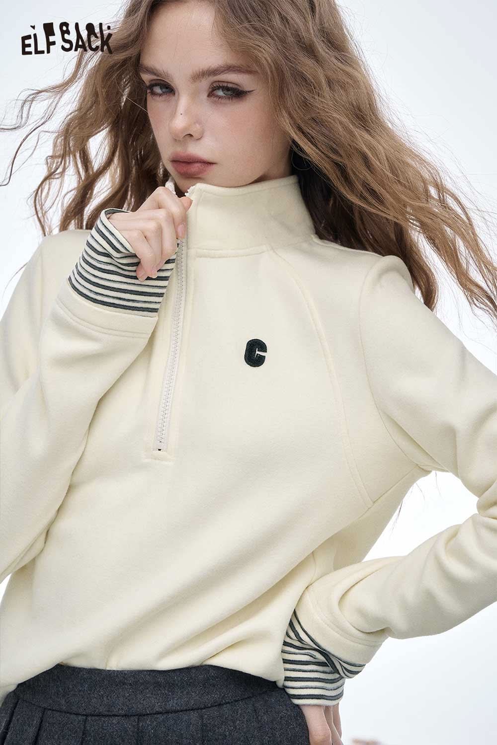 ELFSACK women's half zip high neck tshirt in cream with striped cuffs for a stylish casual look