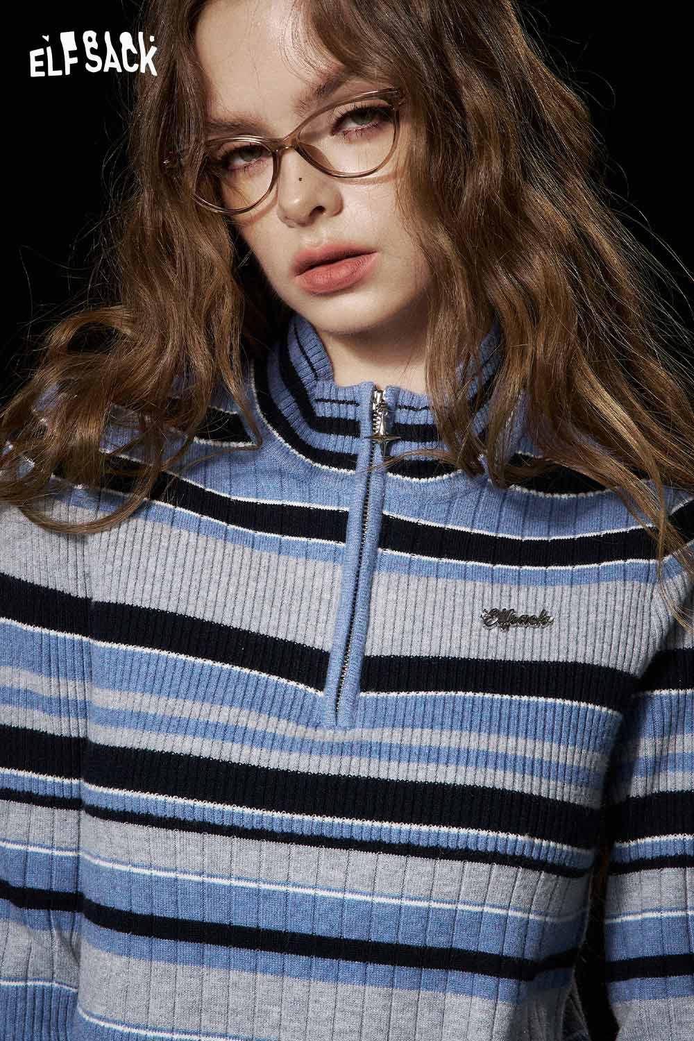ELFSACK women's half zip knit sweater in blue and gray stripes with a stylish collar