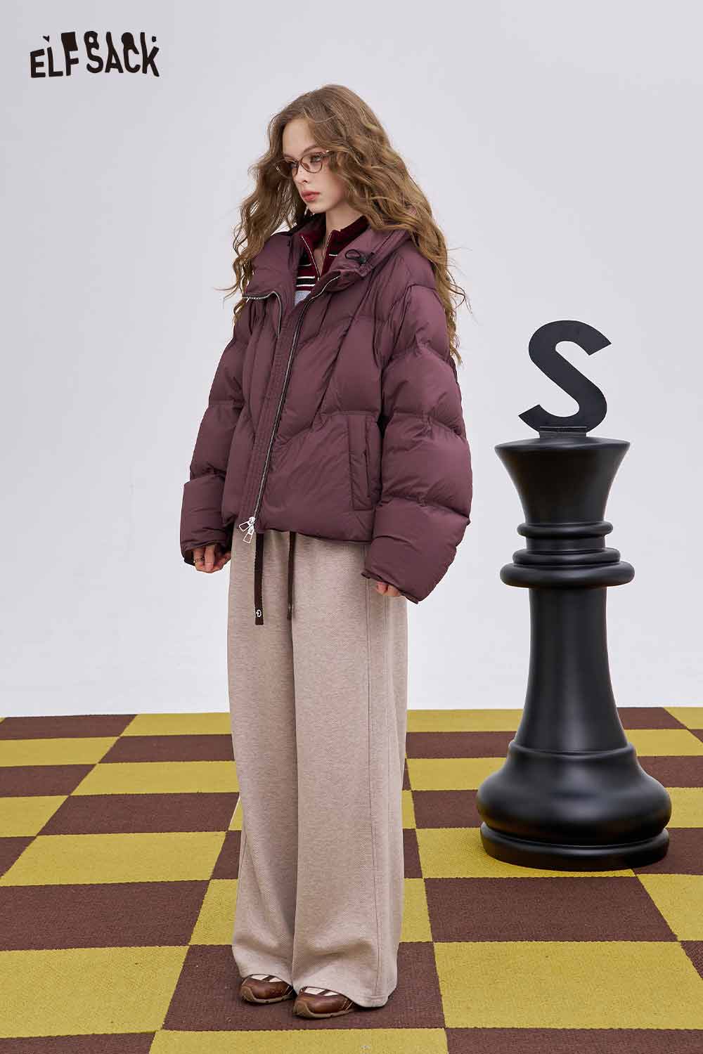 ELFSACK women's half zip knit sweater in burgundy, perfect for stylish layering and comfort.