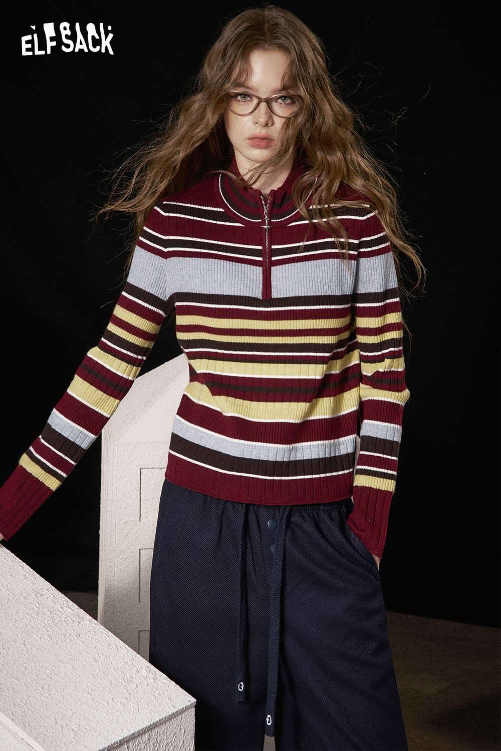 ELFSACK women's half zip knit sweater with bold stripes in burgundy and yellow for stylish layering