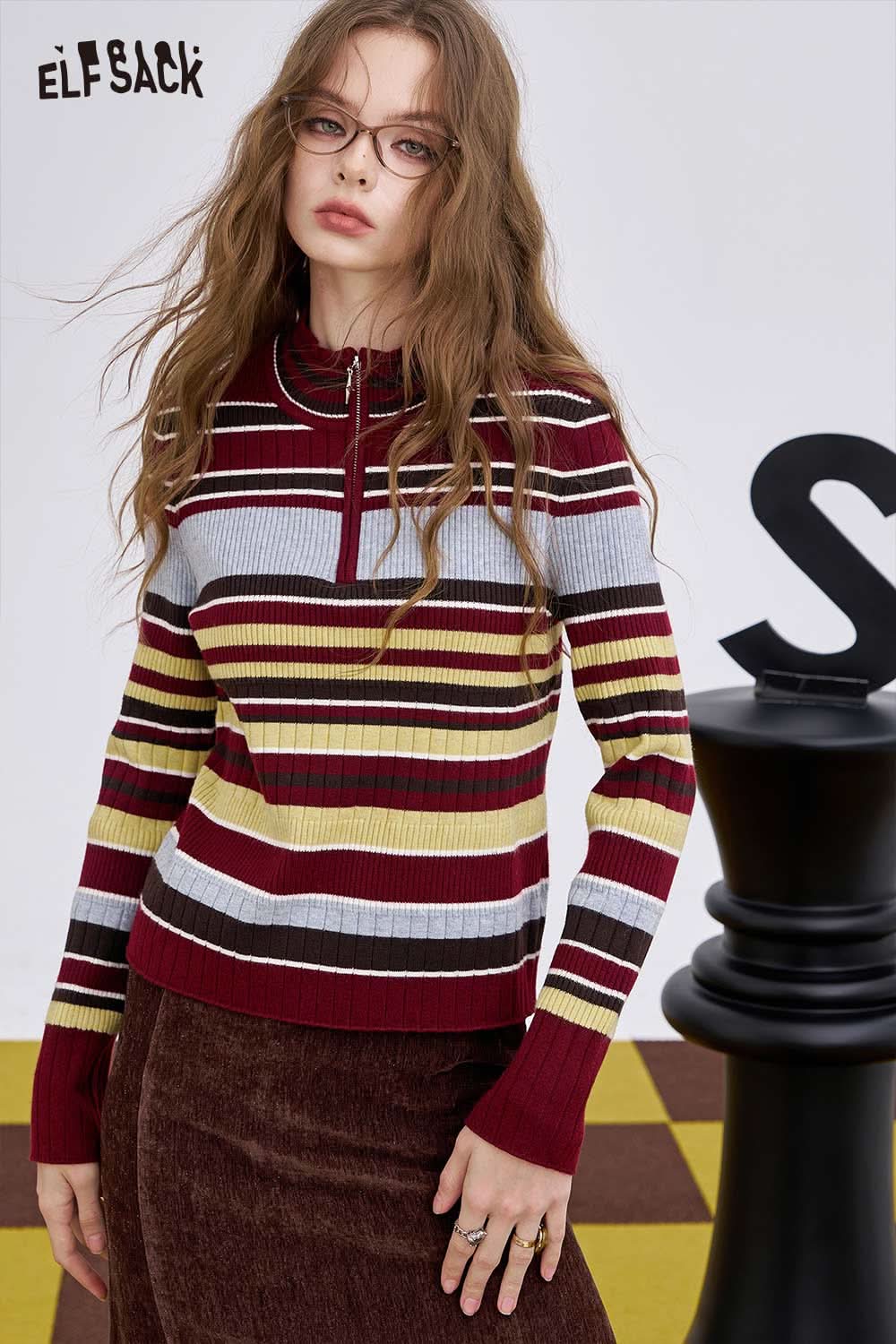 ELFSACK women's half zip knit sweater in colorful stripes, perfect for stylish layering in cooler weather