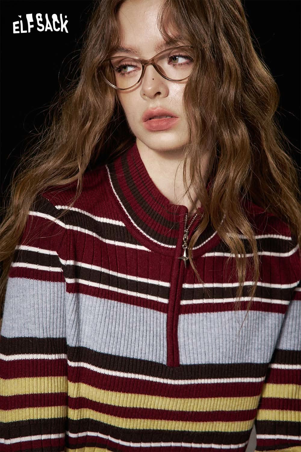 ELFSACK women's half zip knit sweater featuring bold stripes and a stylish collar for a modern look