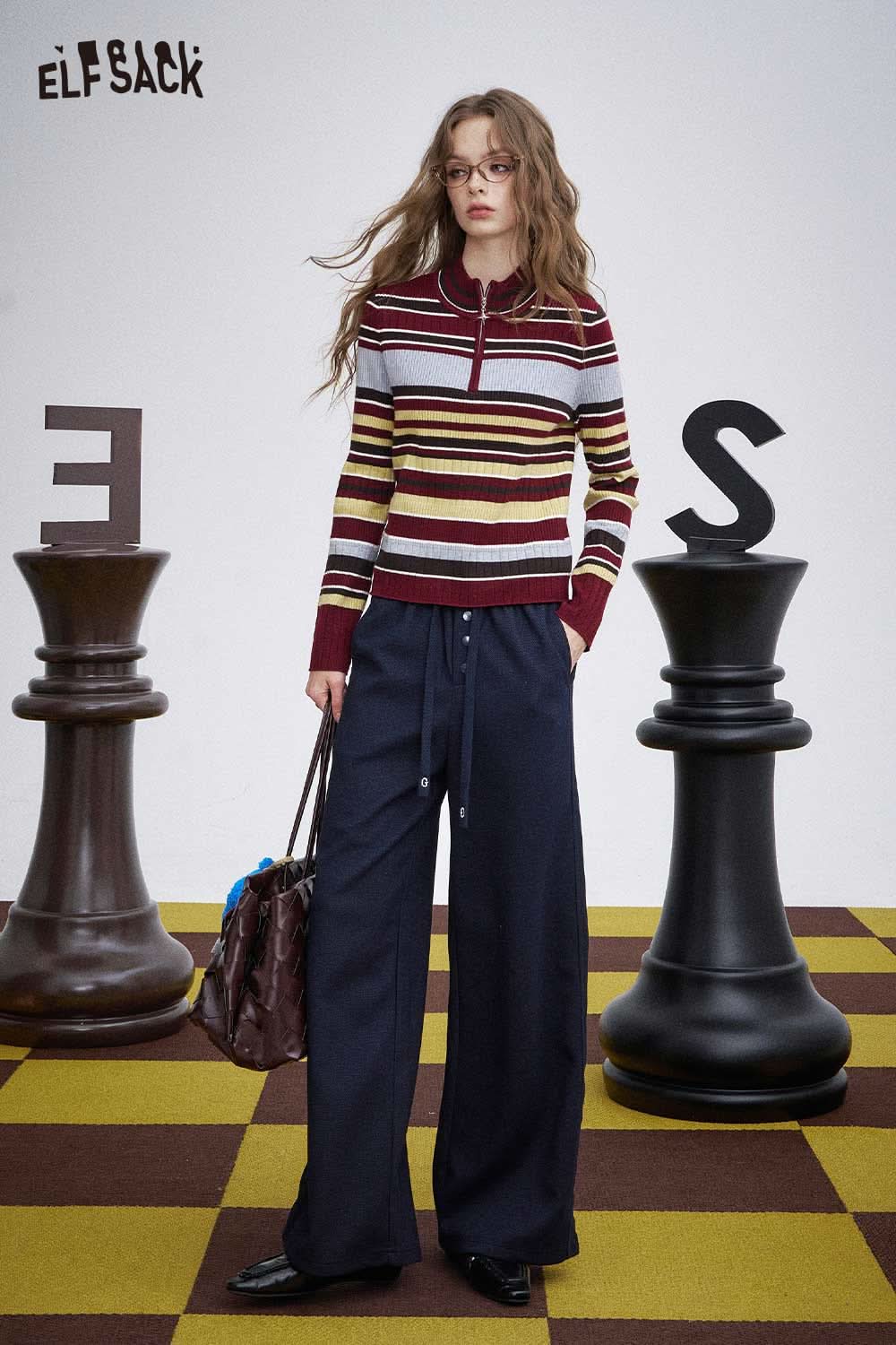 ELFSACK women's half zip knit sweater in striped design paired with wide-leg pants
