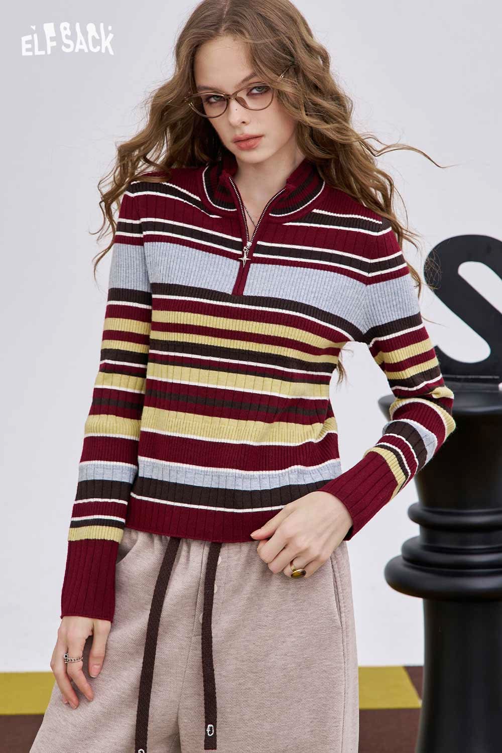 ELFSACK women's half zip knit sweater in striped burgundy and gray for casual outfits