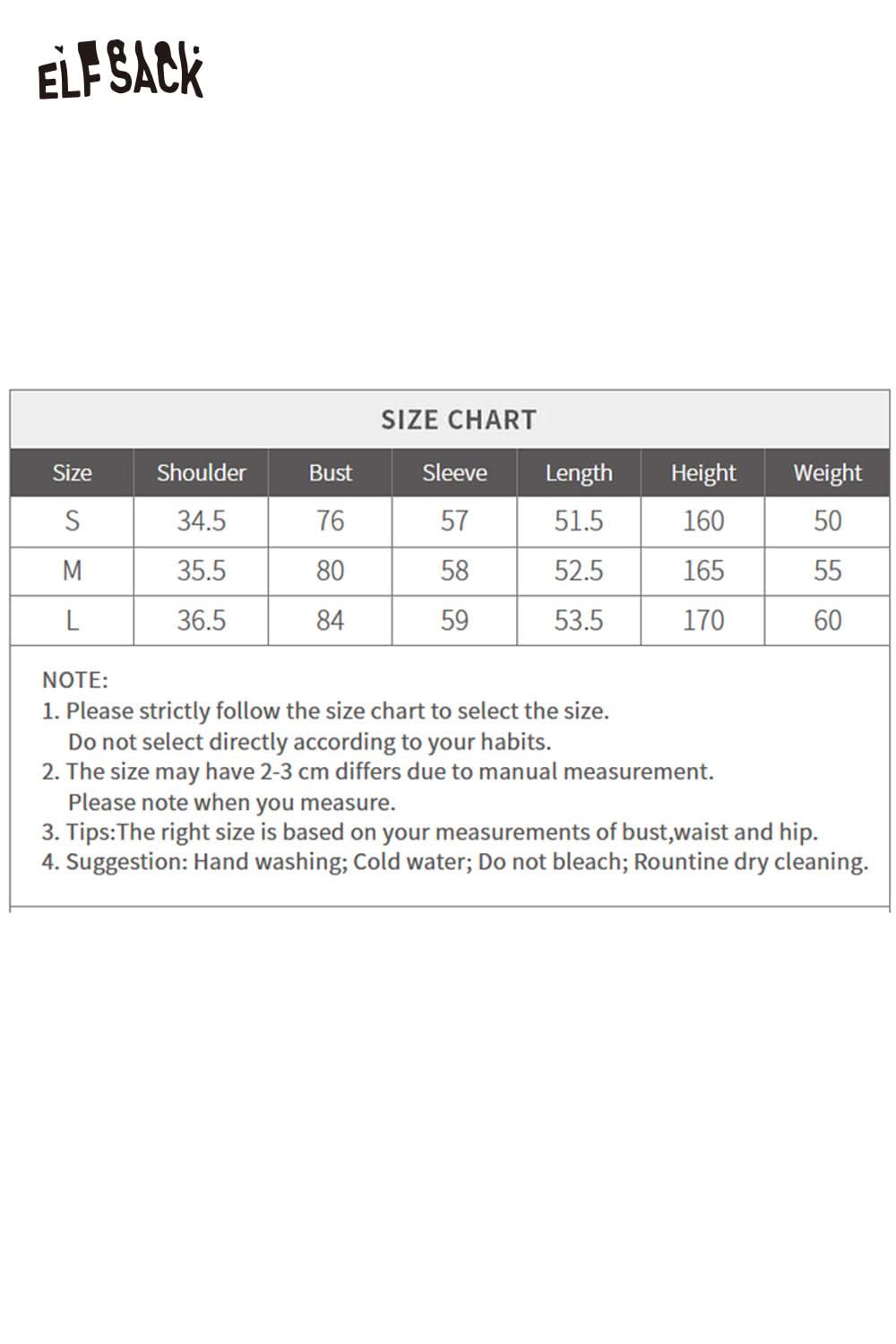 ELFSACK women's half zip knit sweater size chart for accurate fitting and care instructions