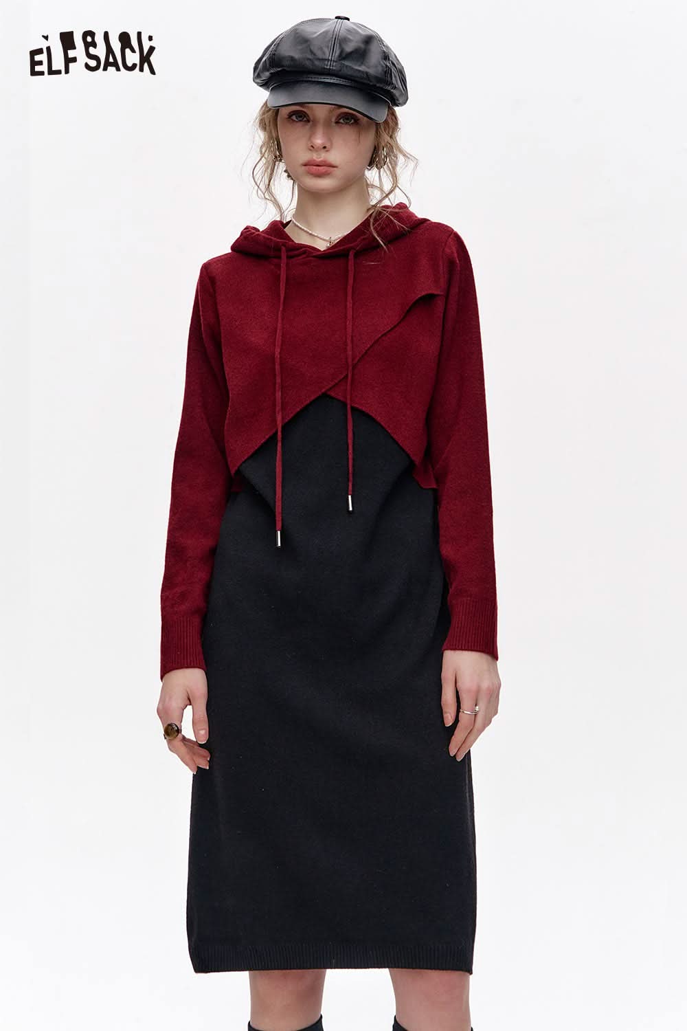 Stylish ELFSACK women's Halloween hooded dress with a cropped top and long black skirt