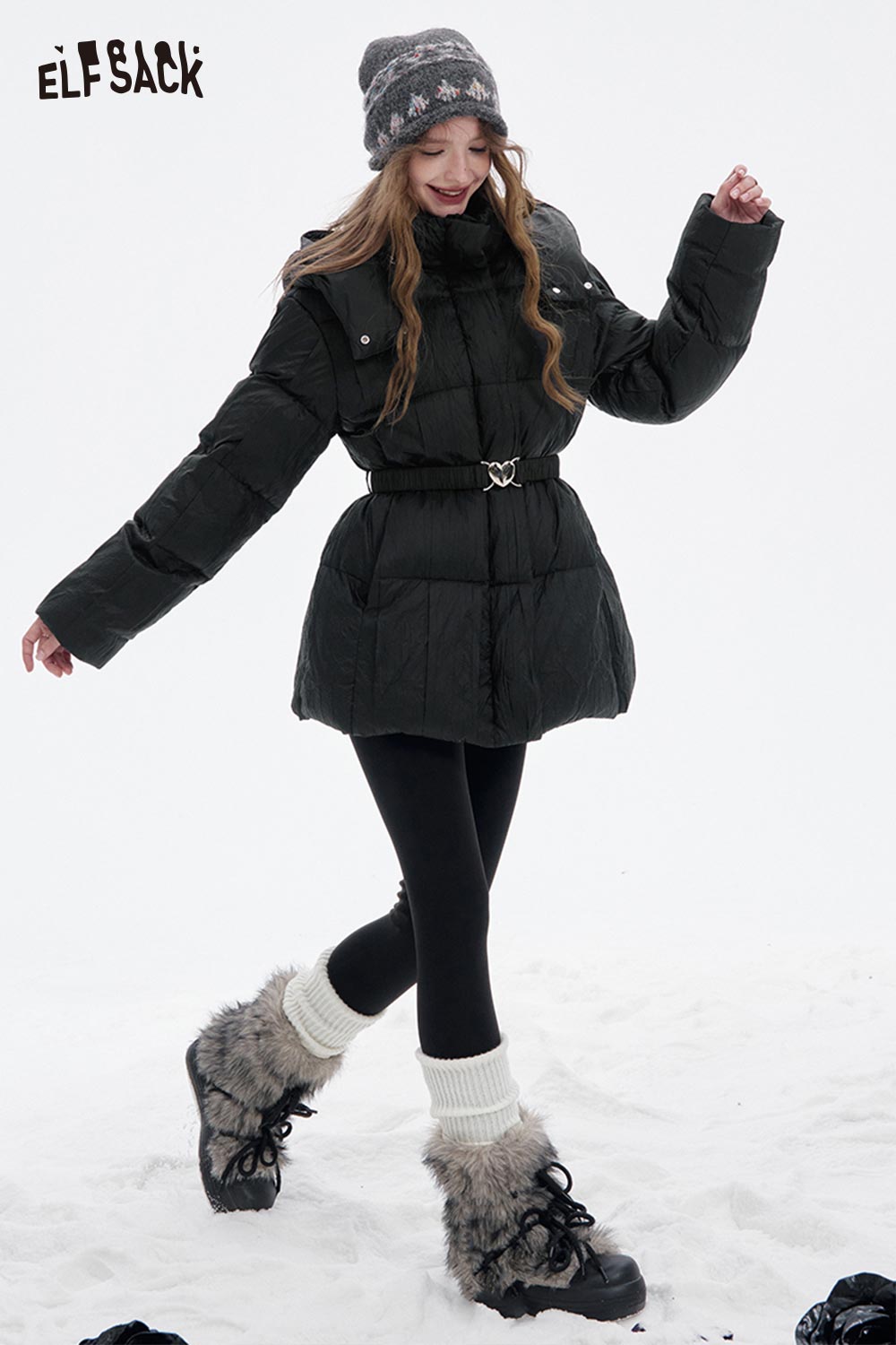 ELFSACK women's heart belt puffer coat in black, perfect for winter fashion and warmth.