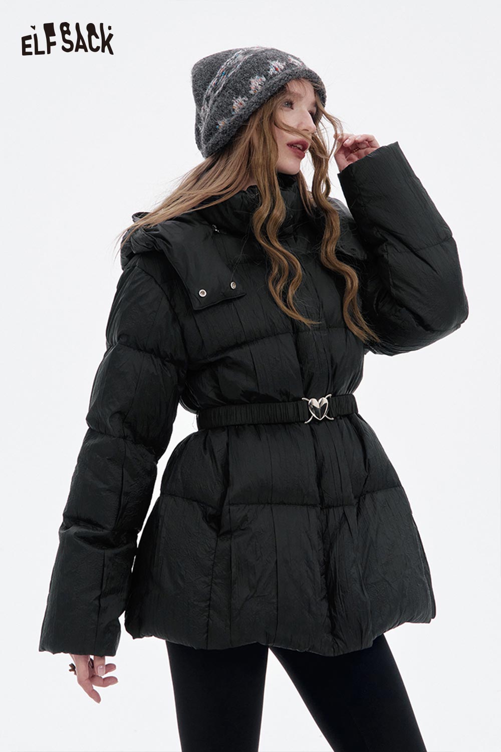 ELFSACK women's heart belt puffer coat in black with stylish design and comfortable fit