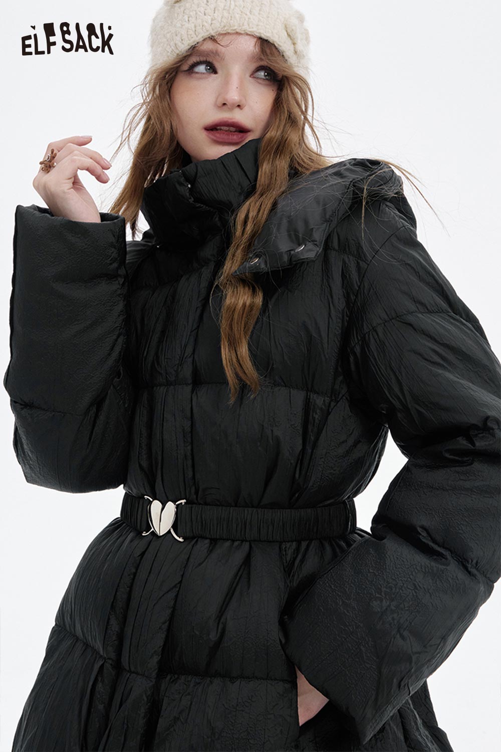 ELFSACK women's heart belt puffer coat with stylish design and warm insulation for cold weather