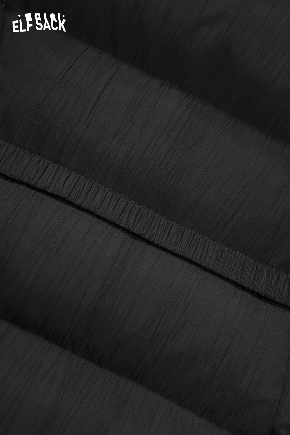 Close-up of ELFSACK women's heart belt puffer coat featuring a sleek black design with textured fabric