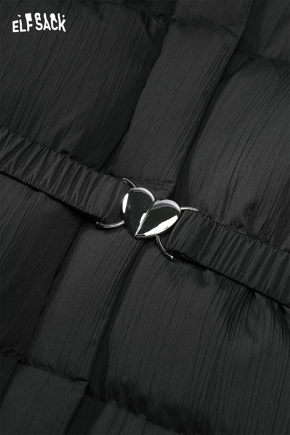 Close-up of ELFSACK women's heart belt puffer coat showcasing the unique heart-shaped buckle detail