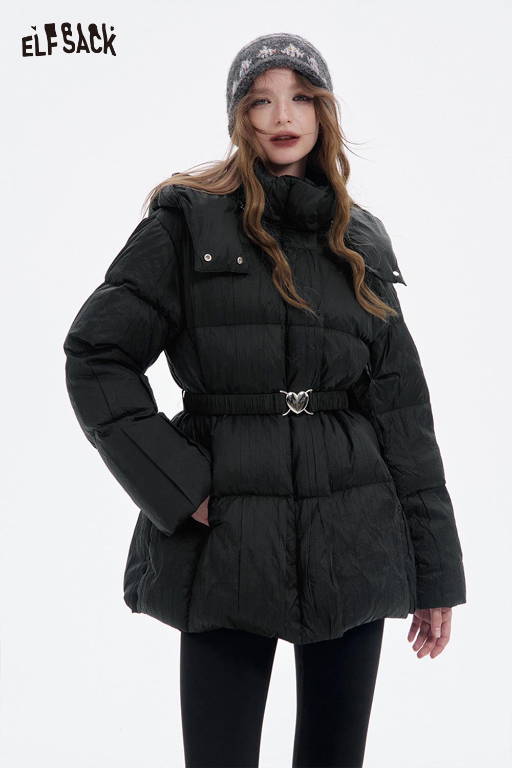 ELFSACK women's heart belt puffer coat in black with a cozy fit and stylish design for winter warmth