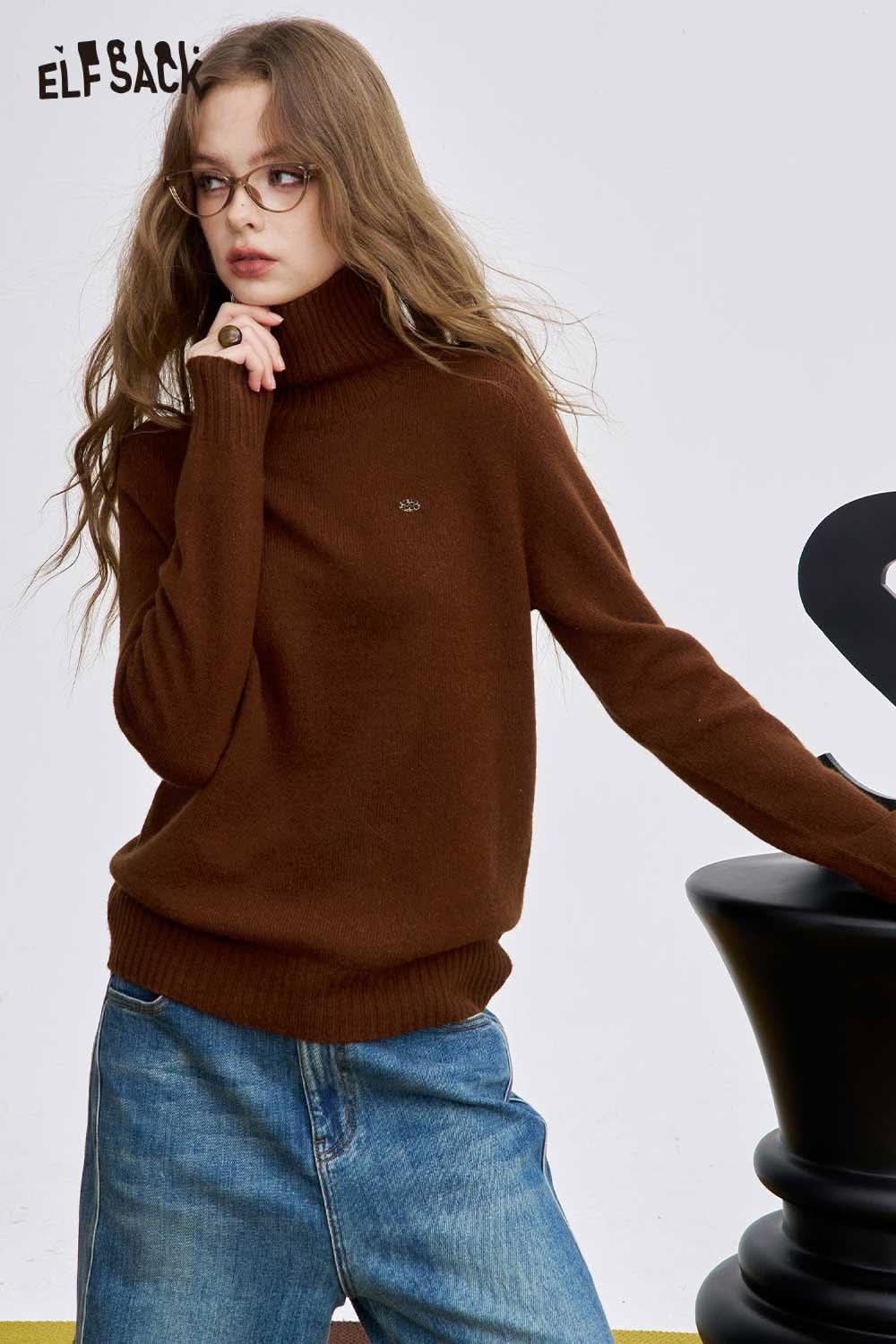 ELFSACK women's high neck knit sweater in brown, featuring a relaxed fit and long sleeves
