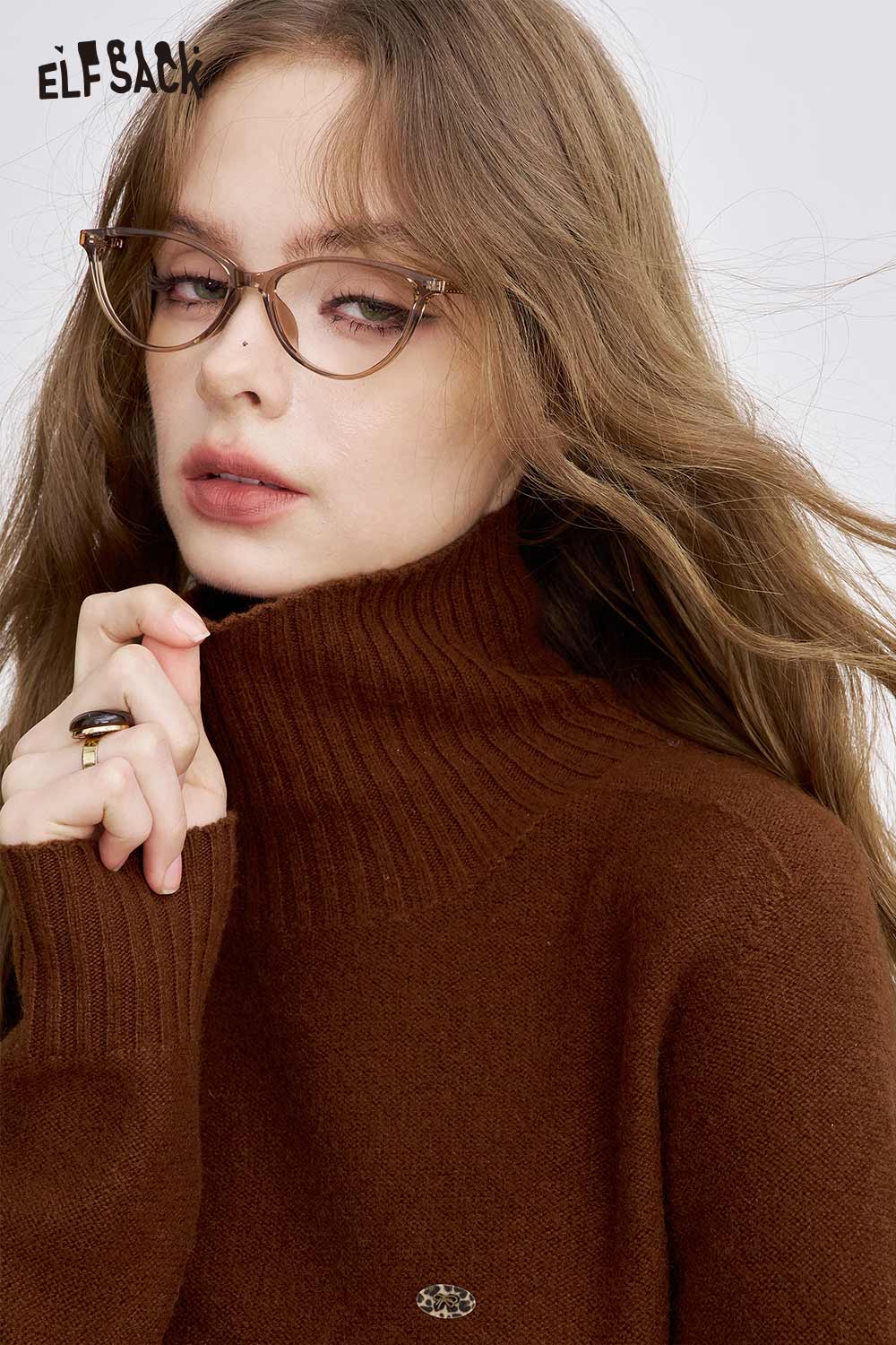 ELFSACK women's high neck knit sweater in brown featuring a cozy design and soft fabric